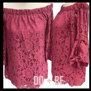 DO + BE Merlot Lace Off Shoulder Tie 3/4 Sleeve Top Blouse (S)